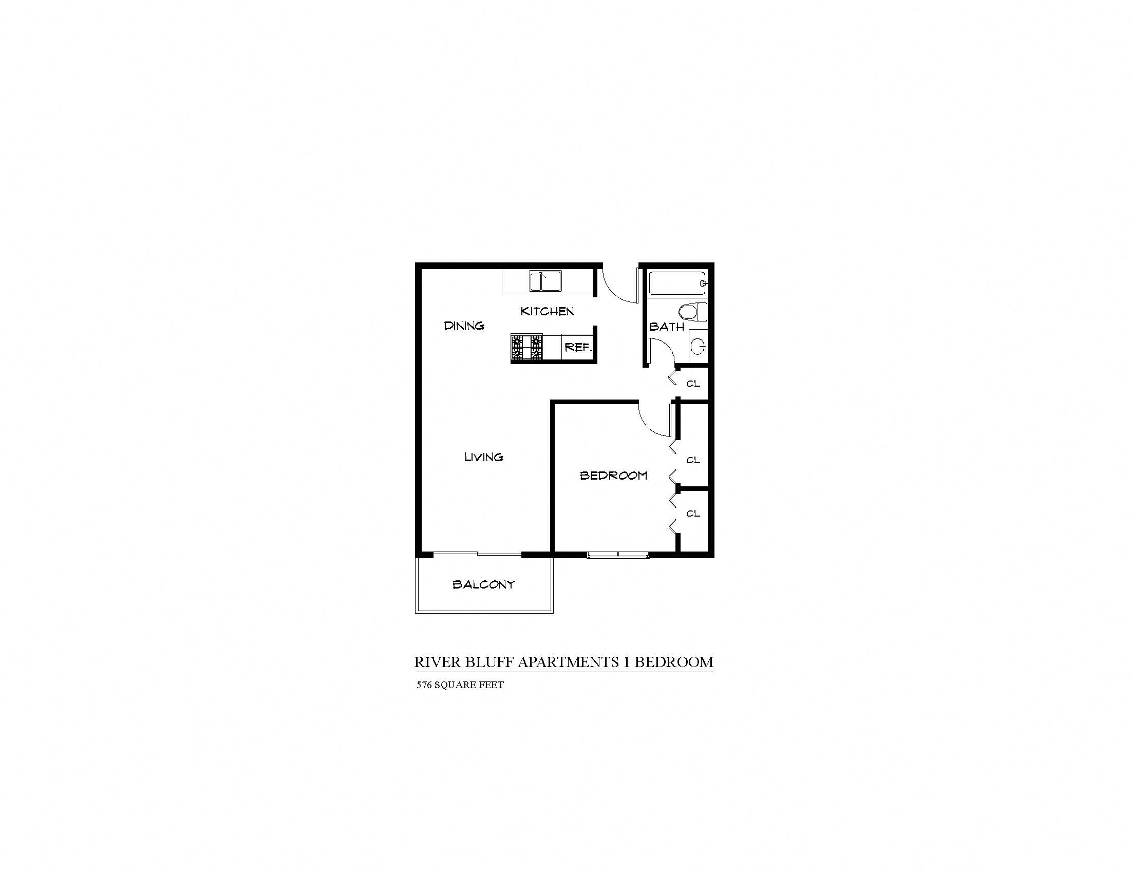Floor plan for 1 bed, 1 bath, 576 sqft